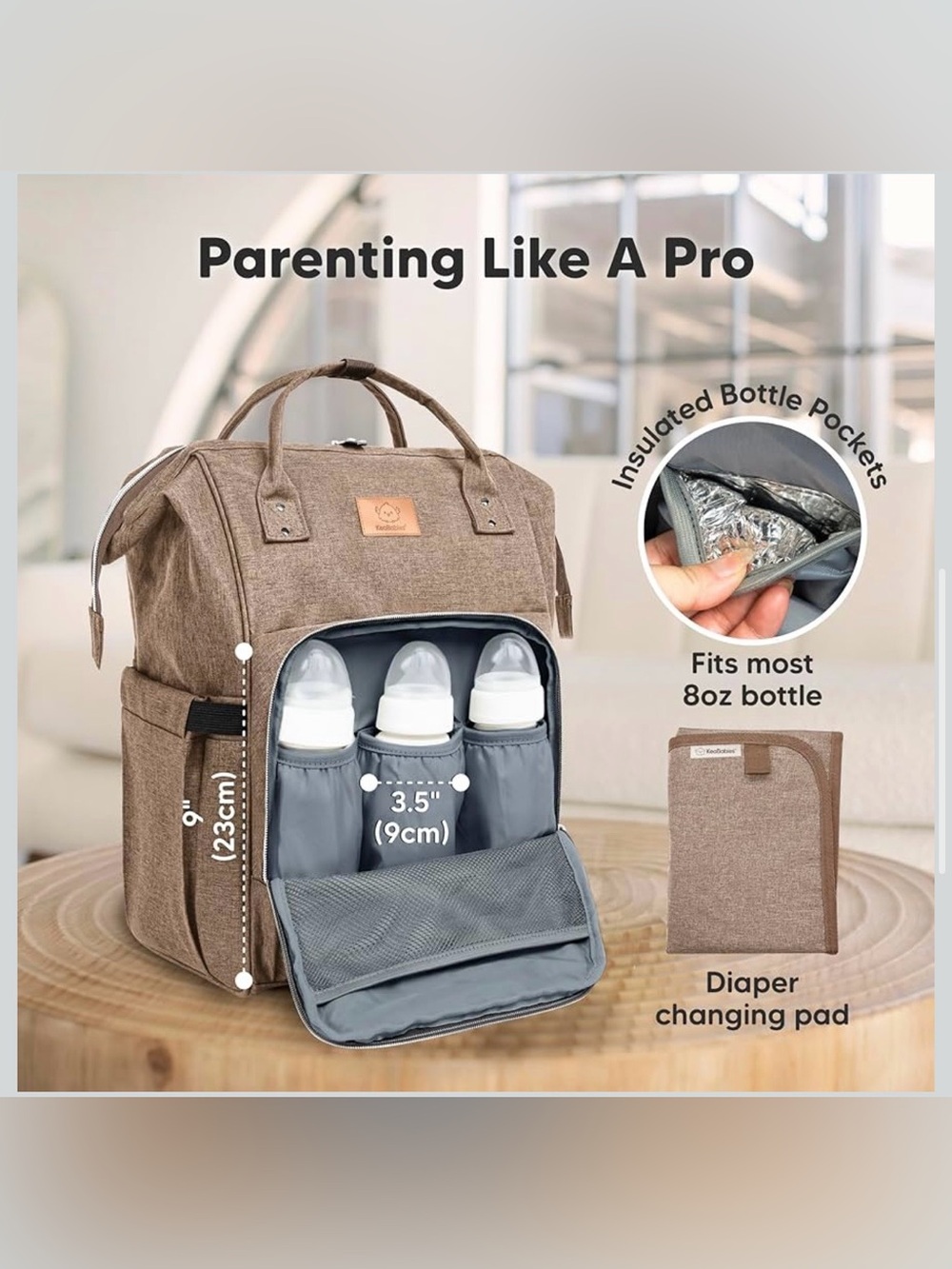 KeaBabies Baby Diaper Bag Backpack Waterproof With Changing Pad Coffee Brown NWT - Picture 6 of 8
